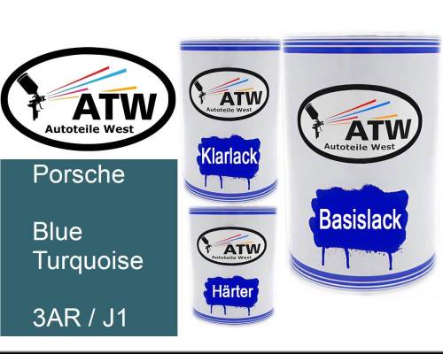 Porsche, Blue Turquoise, 3AR / J1: 500ml Lackdose + 500ml Klarlack + 250ml Härter - Set, von ATW Autoteile West.